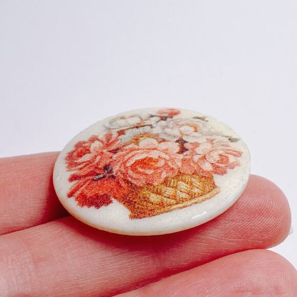 VTG 60s Brooch Glazed Ceramic Floral Transfer Basket of Flowers Mid Century Pin - Picture 6 of 9